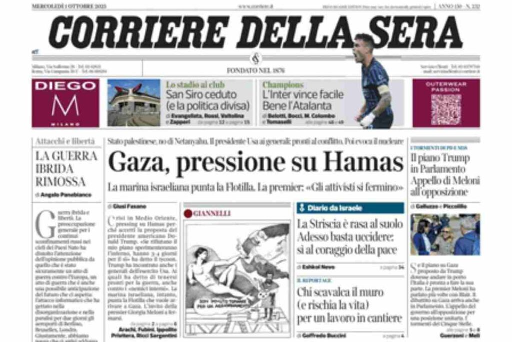 Il Corriere della Sera, la prima pagina di oggi