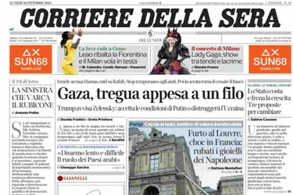 Il Corriere della Sera, la prima pagina di oggi