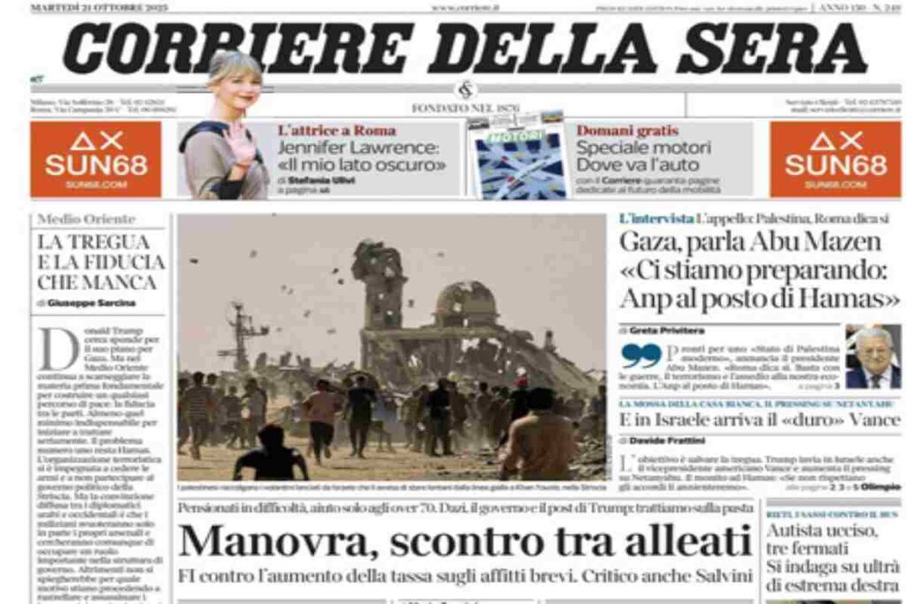 Il Corriere della Sera, la prima pagina di oggi