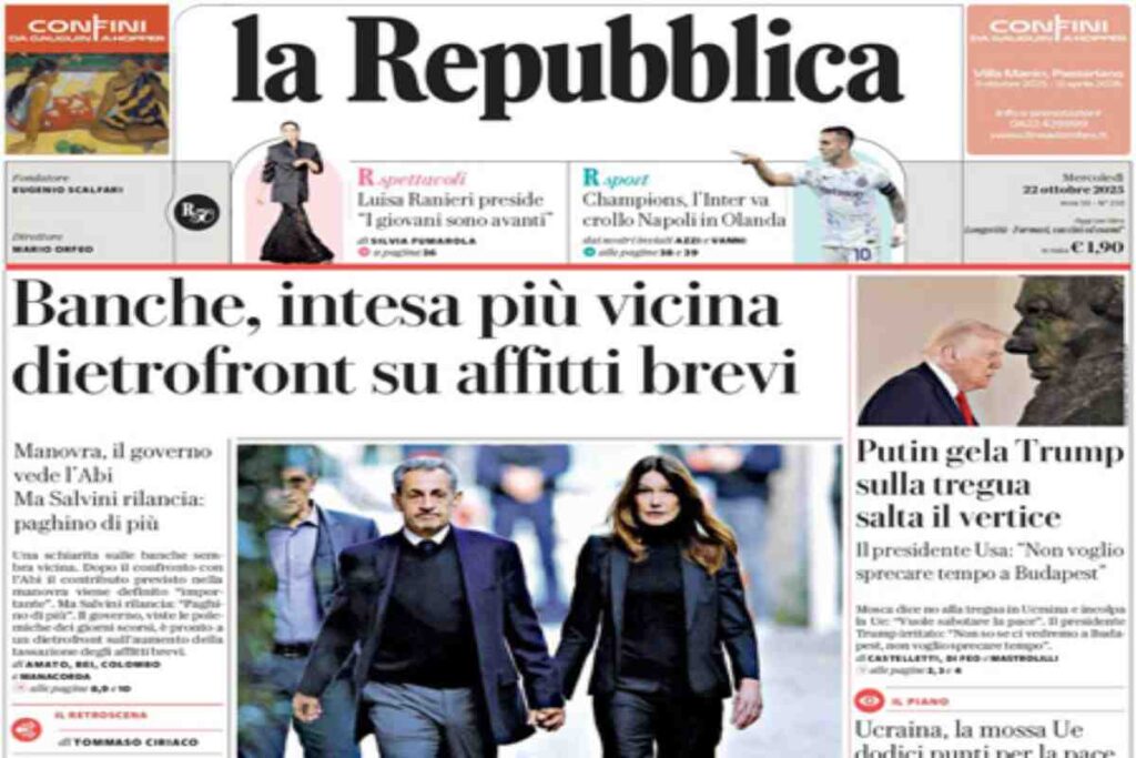 La Repubblica, la prima pagina di oggi