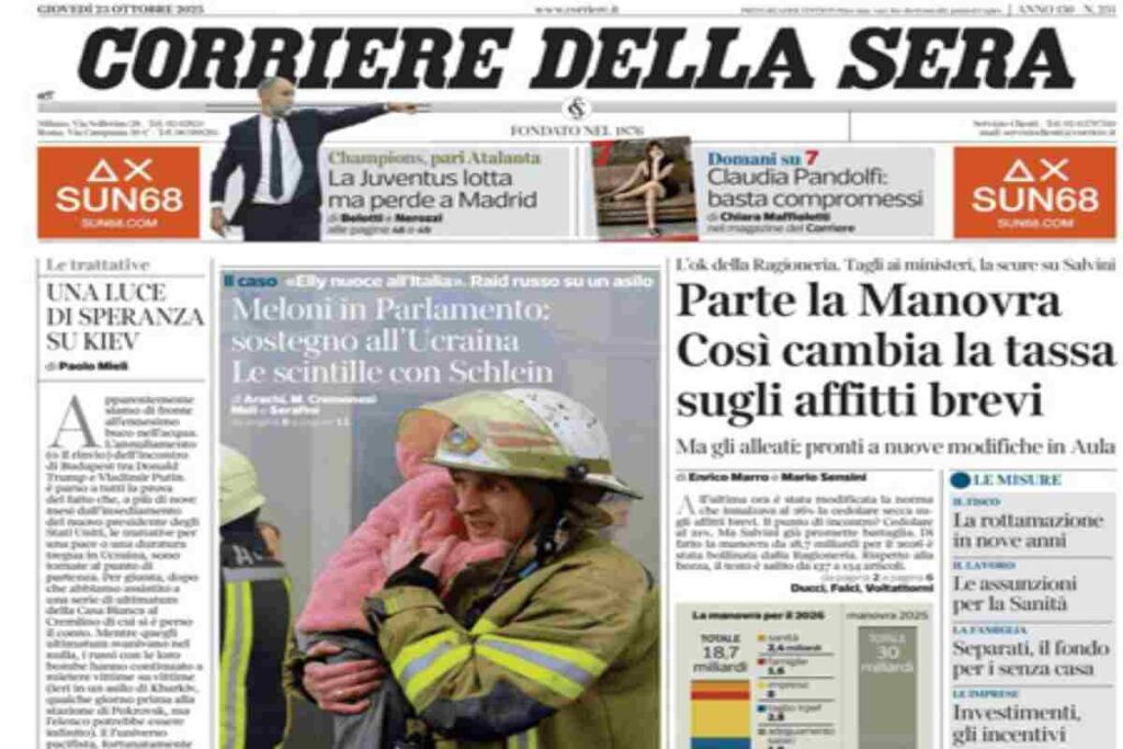Il Corriere della Sera, la prima pagina di oggi