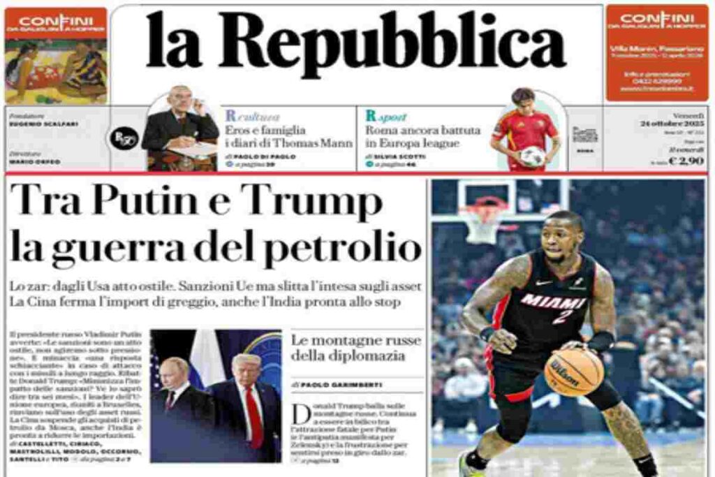 Repubblica, la prima pagina di oggi