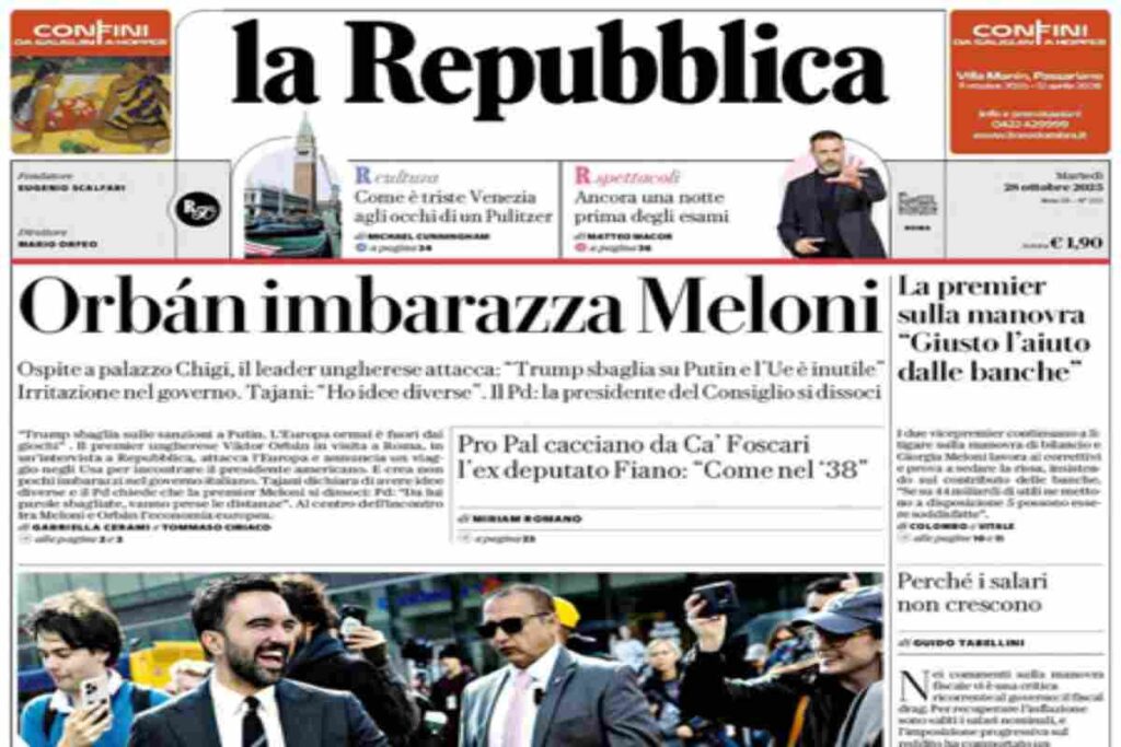 La Repubblica, la prima pagina di oggi