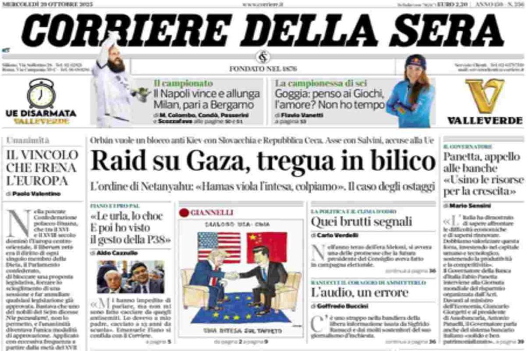 Il Corriere delle Sera, la prima pagina di oggi