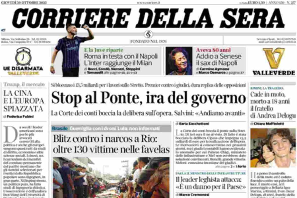 Il Corriere della Sera, la prima pagina di oggi