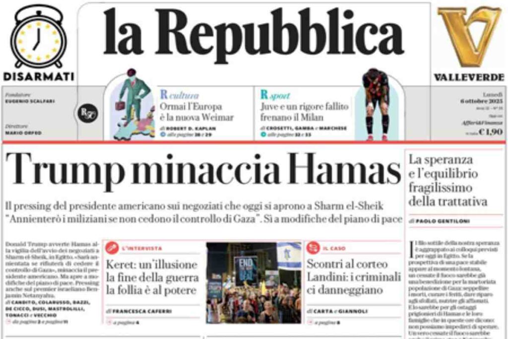 Repubblica, la prima pagina di oggi