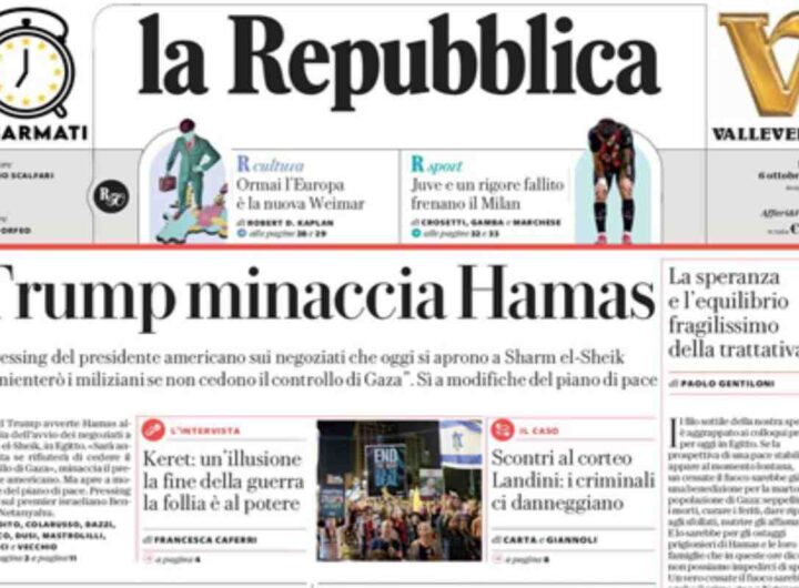 Repubblica, la prima pagina di oggi