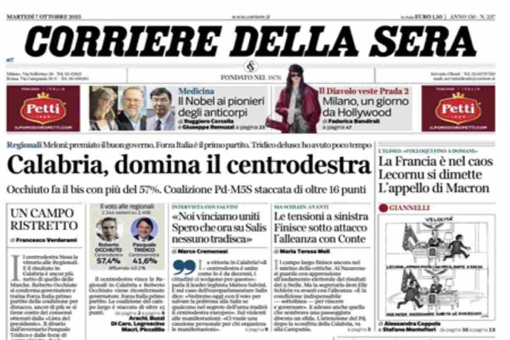 Il Corriere della Sera, la prima pagina di oggi