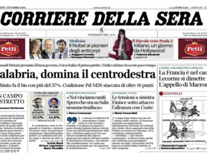 Il Corriere della Sera, la prima pagina di oggi