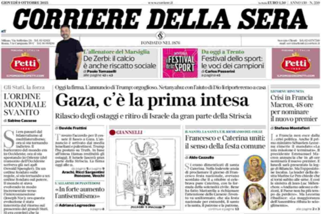 Il Corriere della Sera, la prima pagina di oggi