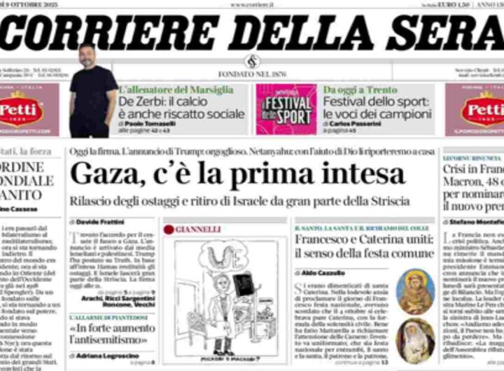 Il Corriere della Sera, la prima pagina di oggi