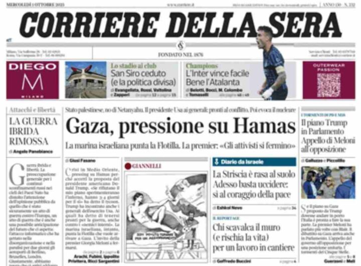 Il Corriere della Sera, la prima pagina di oggi