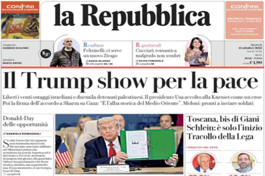 Repubblica, la prima pagina di oggi