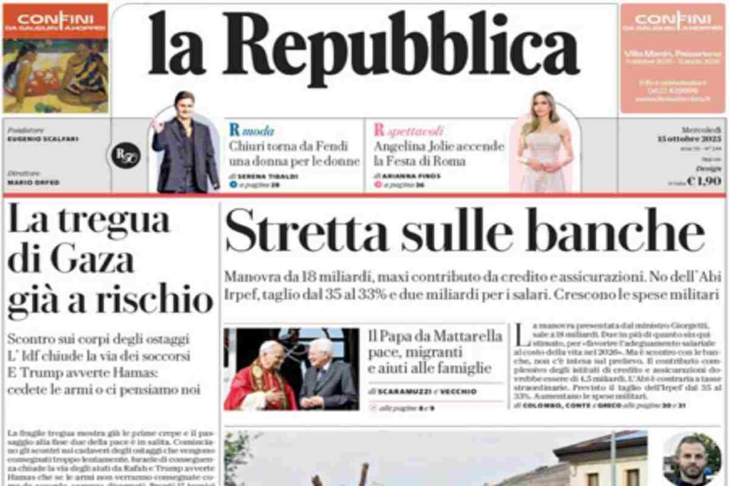 Repubblica, la prima pagina di oggi