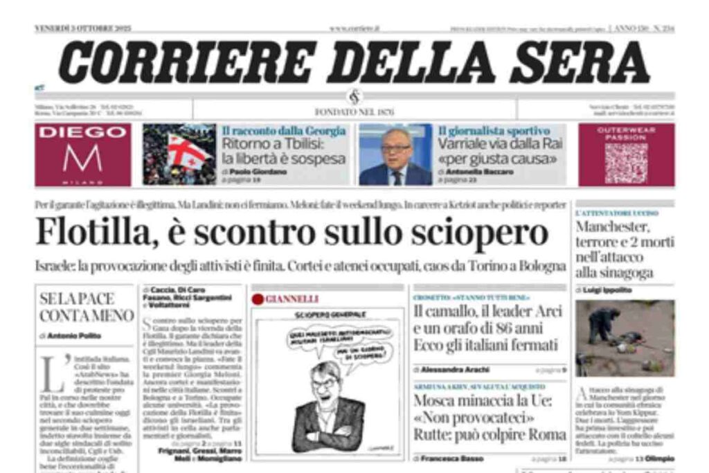 Il Corriere della Sera, la prima pagina di oggi