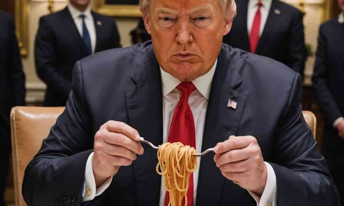 Trump ha dichiarato guerra alla pasta italiana? Nel mirino il 16% di un export che vale 700 milioni, nella foto Trump e un piatto di spaghetti, fake con AI