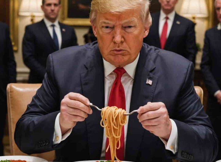 Trump ha dichiarato guerra alla pasta italiana? Nel mirino il 16% di un export che vale 700 milioni, nella foto Trump e un piatto di spaghetti, fake con AI