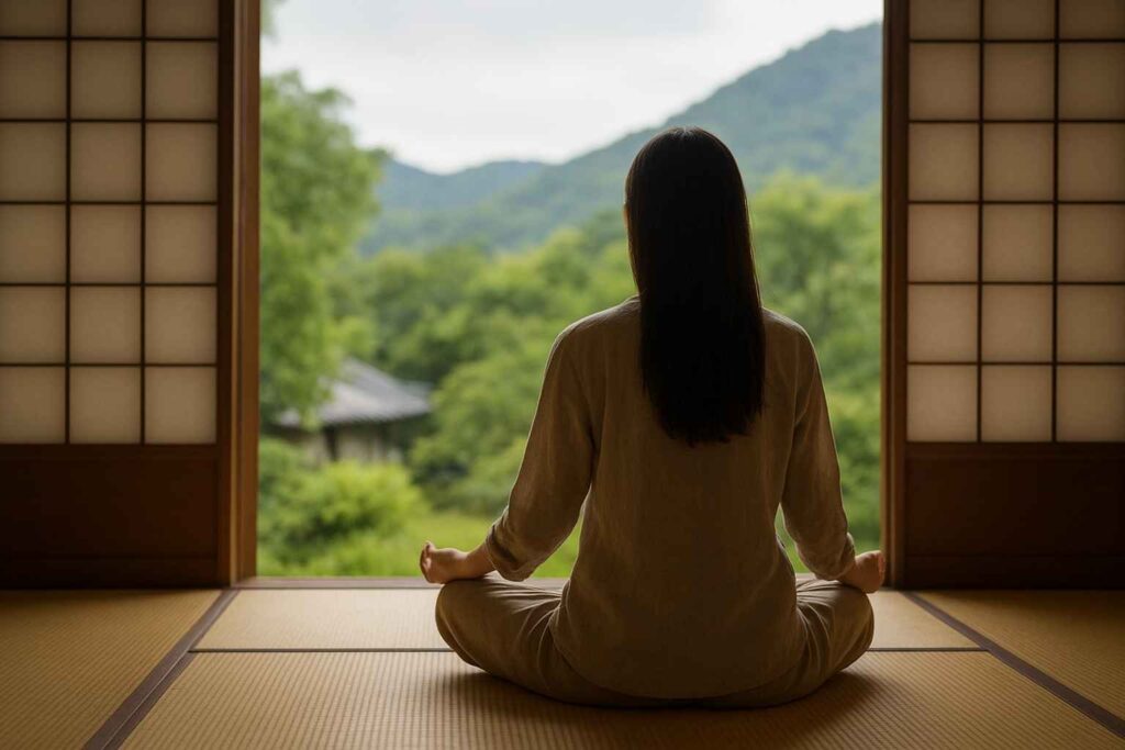 ragazza coreana guarda dalla finestra