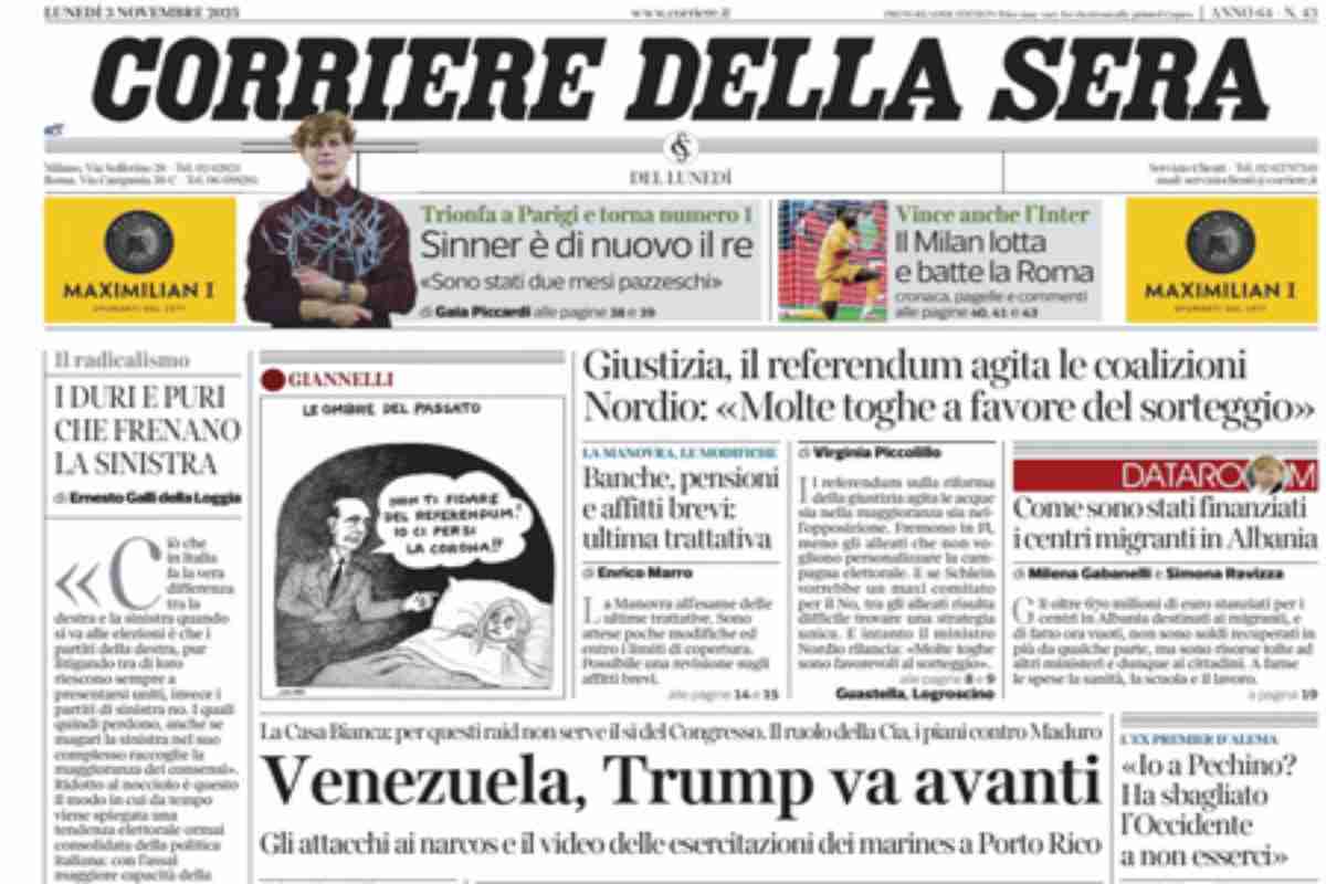 L’EDICOLA, Il Corriere: “Venezuela, Trump va avanti”. La Stampa: “Sì agli sfratti lampo, il piano del governo”. Il Fatto: “Prima la bomba ora la diffida. Report resiste al bavaglio FdI”