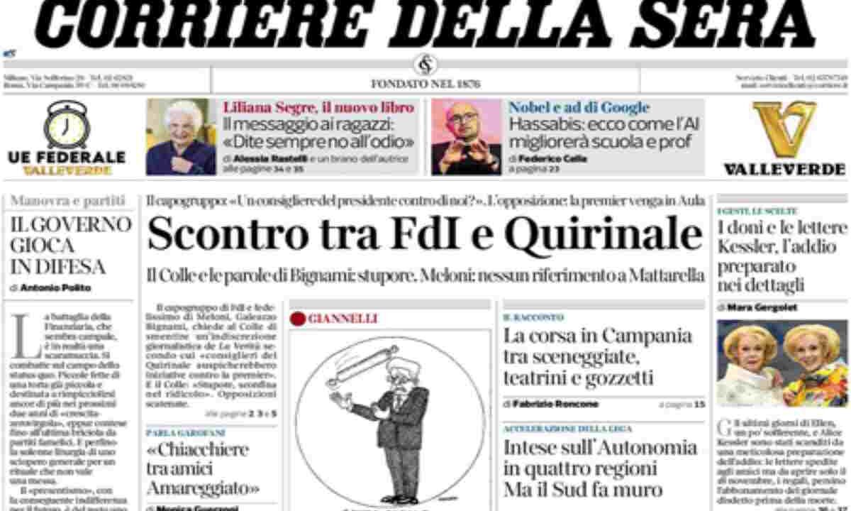 Il Corriere della Sera, la prima pagina di oggi