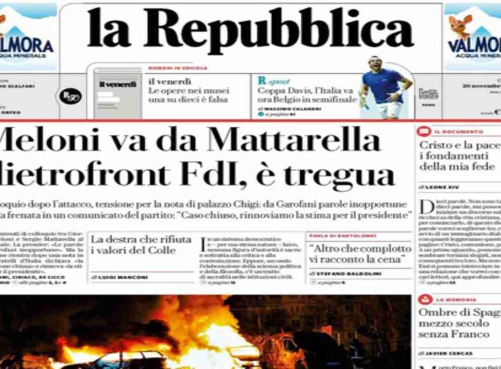 La Repubblica, la prima pagina di oggi