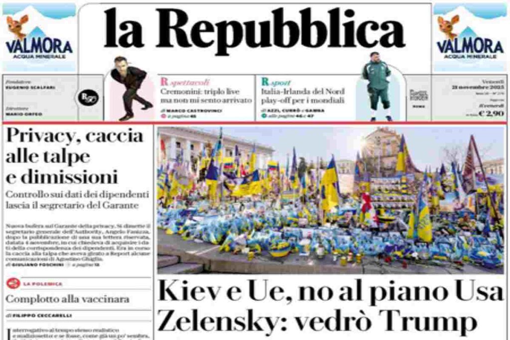 La Repubblica, la prima pagina di oggi