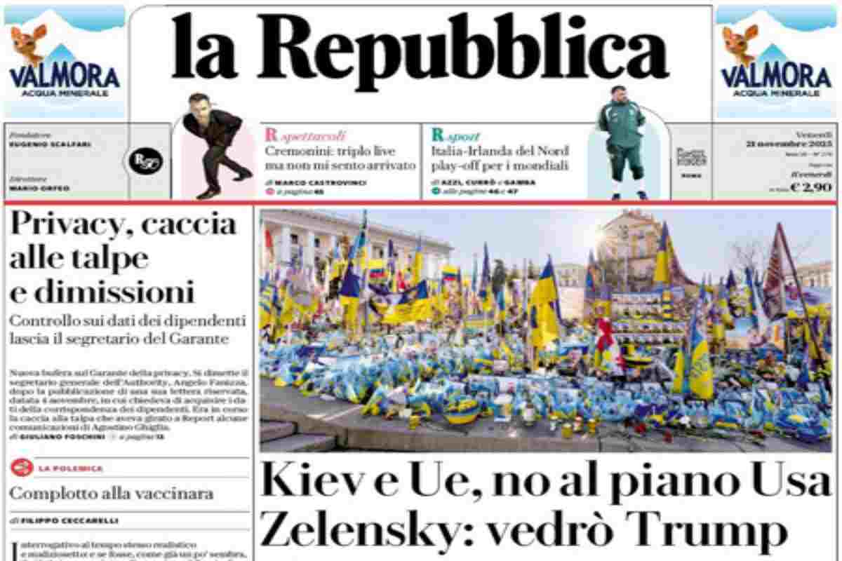 L’EDICOLA, Repubblica: “Kiev e Ue, no al piano Usa. Zelensky: vedrò Trump”. La Stampa: “Ucraina, ecco i 28 punti. Zelensky apre a Trump”. Il Fatto: “Bel Garante della Privacy, voleva spiare i dipendenti”