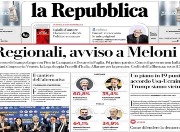 Repubblica, la prima pagina di oggi