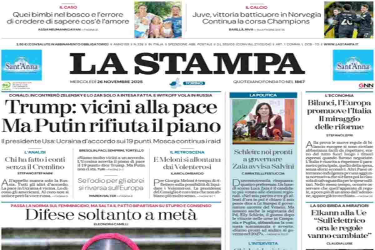 L’EDICOLA, Repubblica: “Legge contro lo stupro, dietrofront della destra”. La Stampa: “Trump: vicini alla pace. Ma Putin rifiuta il piano”. Il Fatto: “Kiev si arrende a Trump (ma non sulle cose serie)”