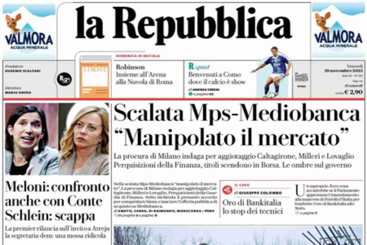 L’EDICOLA, Il Corriere: “Ucraina, la linea dura di Putin”. Repubblica: “Scalata Mps-Mediobanca. Manipolato il mercato”. Il Giornale: “Scudo spaziale e leve, l’Italia si arma”