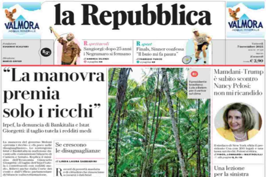 Repubblica, la prima pagina di oggi
