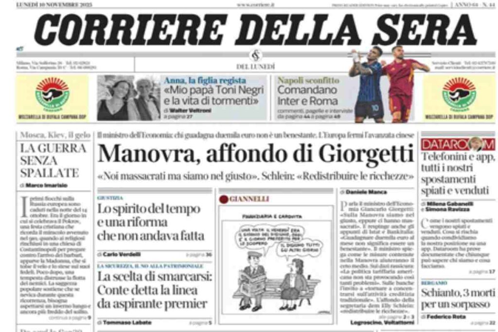 Il Corriere della Sera, la prima pagina di oggi