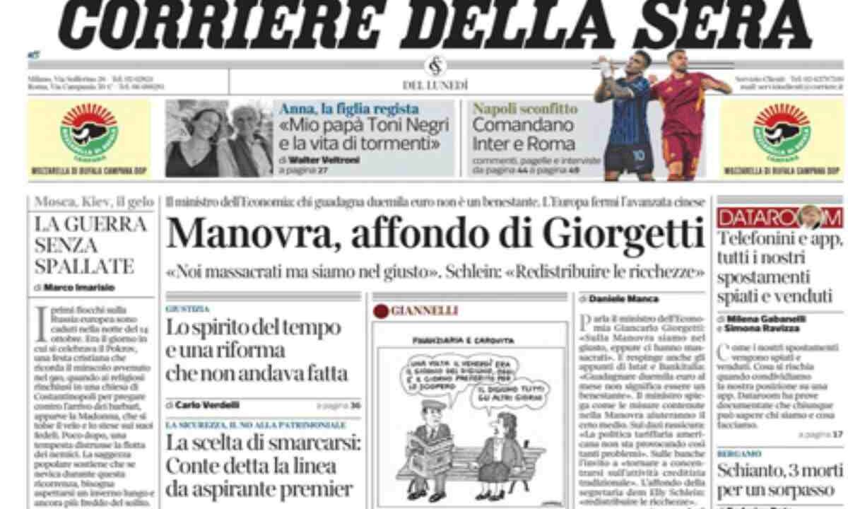 Il Corriere della Sera, la prima pagina di oggi