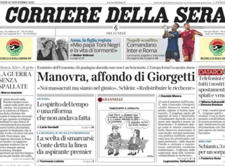 Il Corriere della Sera, la prima pagina di oggi