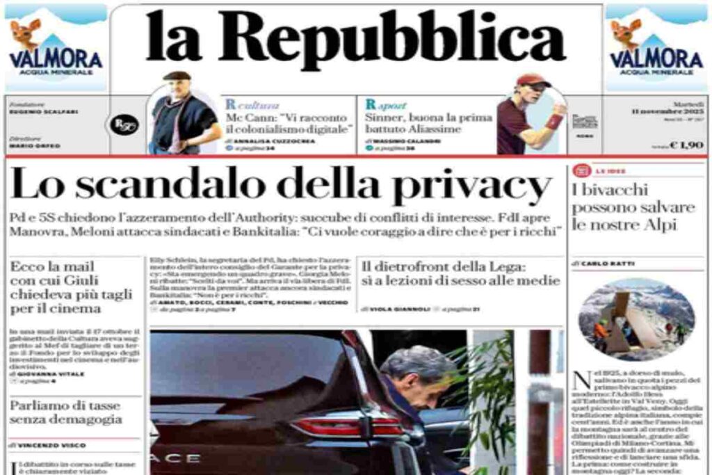 La Repubblica, la prima pagina di oggi