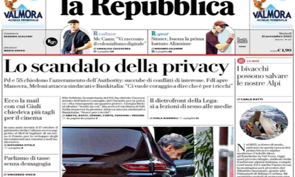 La Repubblica, la prima pagina di oggi