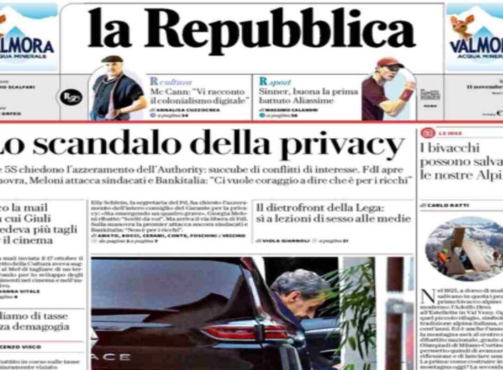 La Repubblica, la prima pagina di oggi