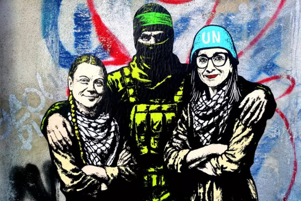 A Roma murale con Thunberg, Albanese e miliziano di Hamas