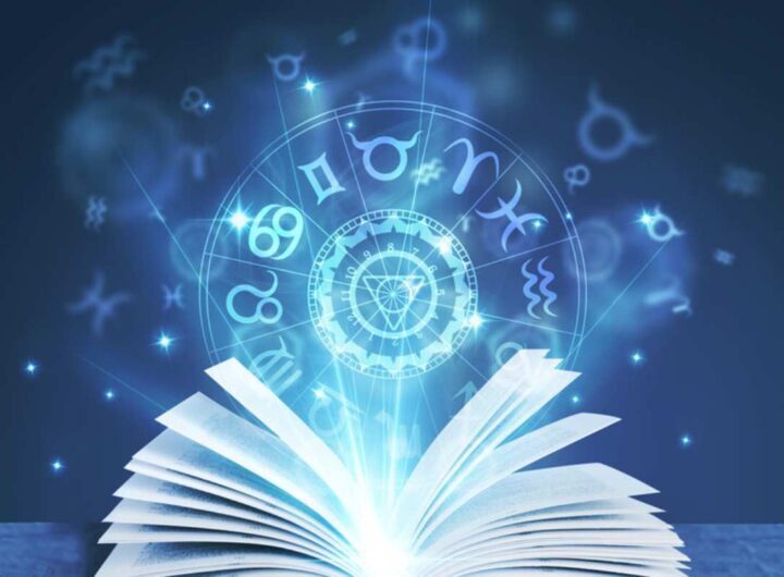 Immagine astratta con un libro e segni zoadiacali su sfondo blu