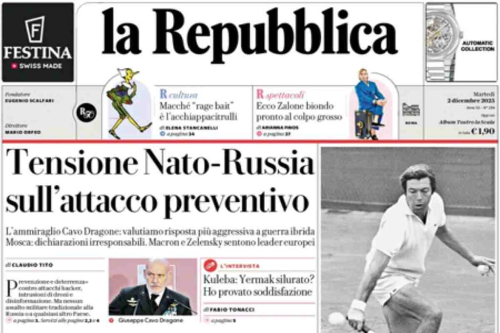 Repubblica, la prima pagina di oggi