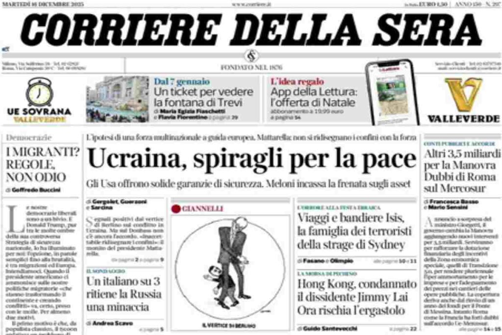 Il Corriere della Sera, la prima pagina di oggi