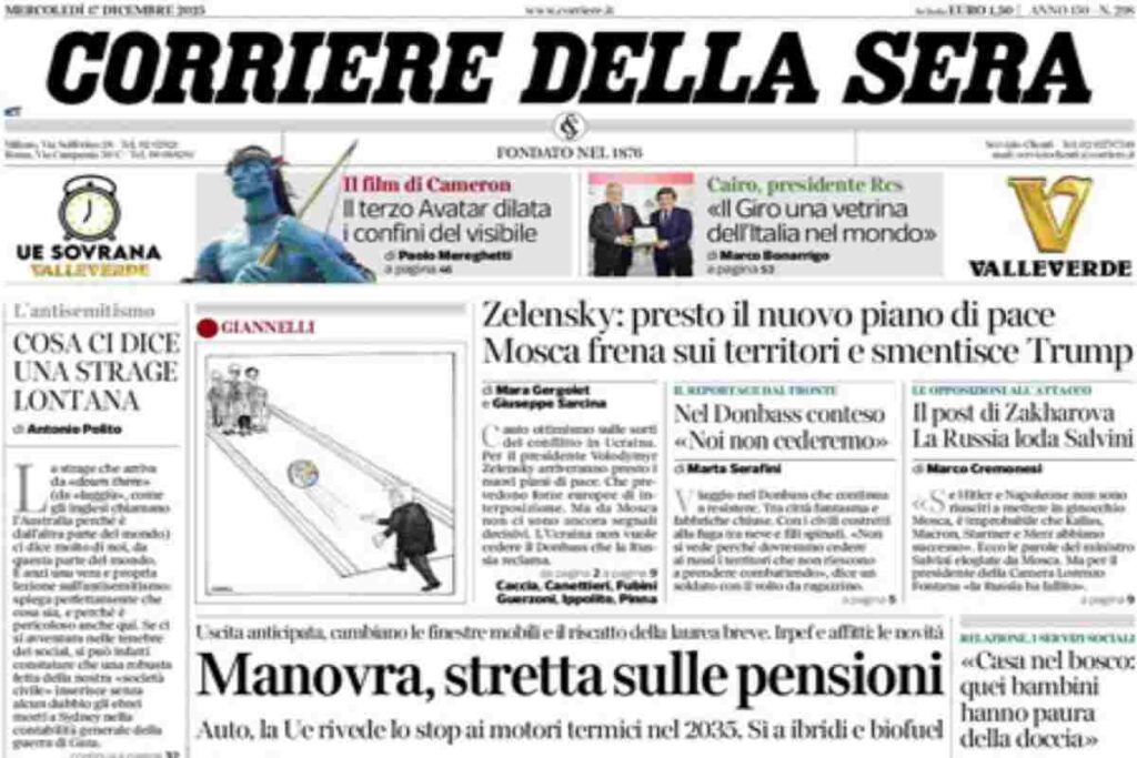 Il Corriere della Sera, la prima pagina di oggi