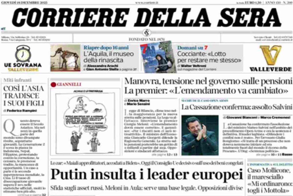 Il Corriere della Sera, la prima pagina di oggi