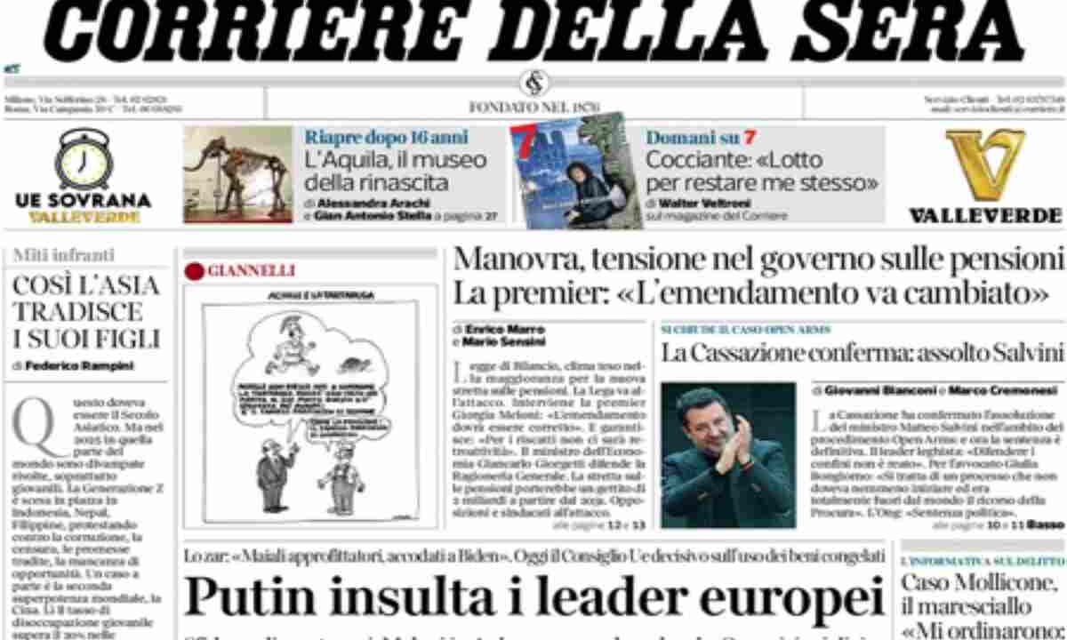 Il Corriere della Sera, la prima pagina di oggi