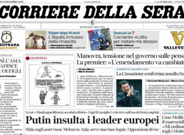 Il Corriere della Sera, la prima pagina di oggi