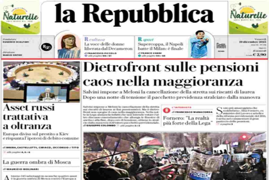 Repubblica, la prima pagina di oggi