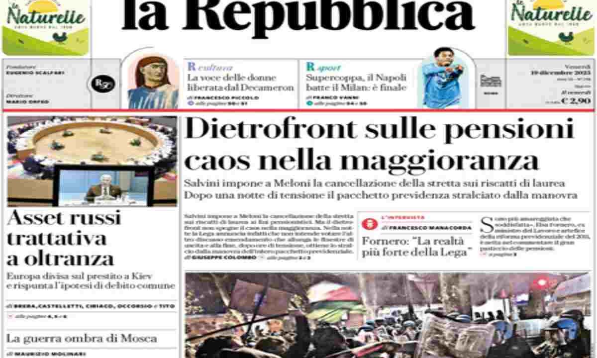 Repubblica, la prima pagina di oggi