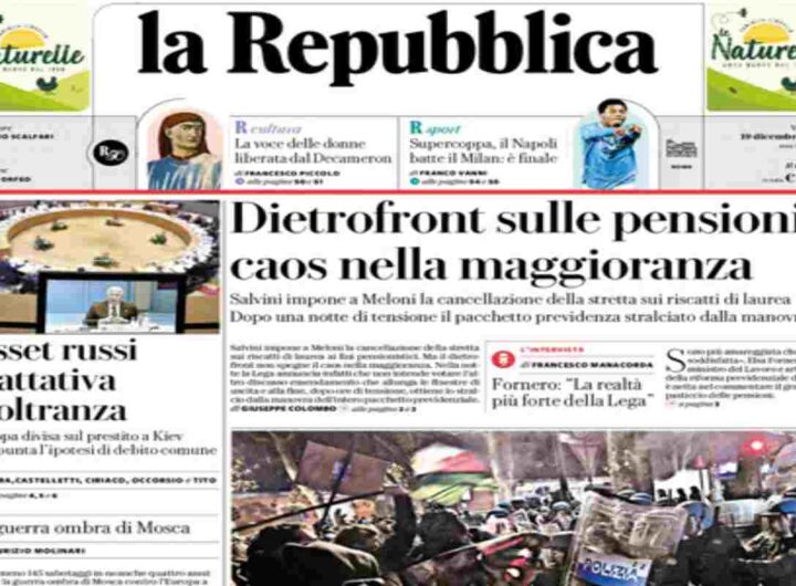 Repubblica, la prima pagina di oggi
