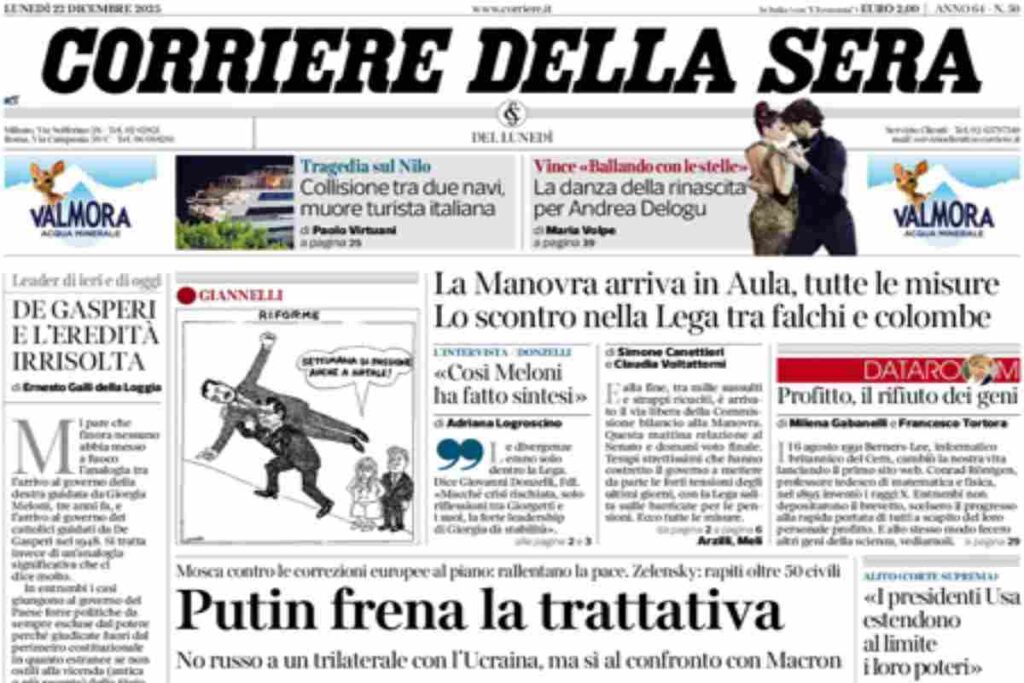 Il Corriere della Sera, la prima pagina di oggi