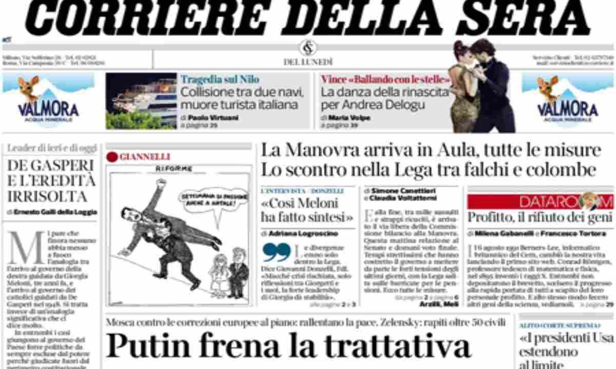 Il Corriere della Sera, la prima pagina di oggi